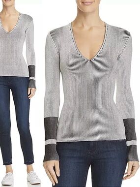 Theory Ribbed Knit Top V-Neck Sweater Optic Stripe Pullover Blouse White Black S